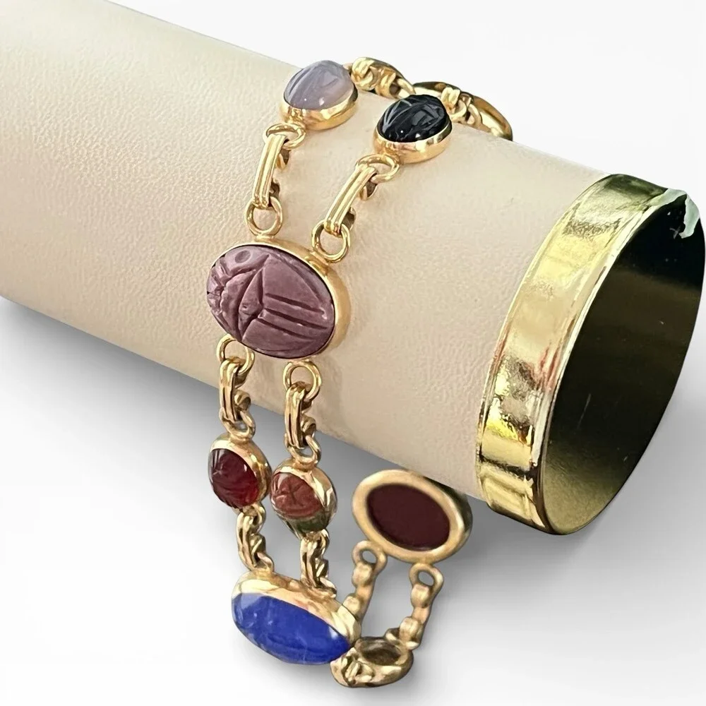 Vintage Carla 14k Yellow Gold Two Strands Multi Gemstone 10 Scarab Bracelet 7